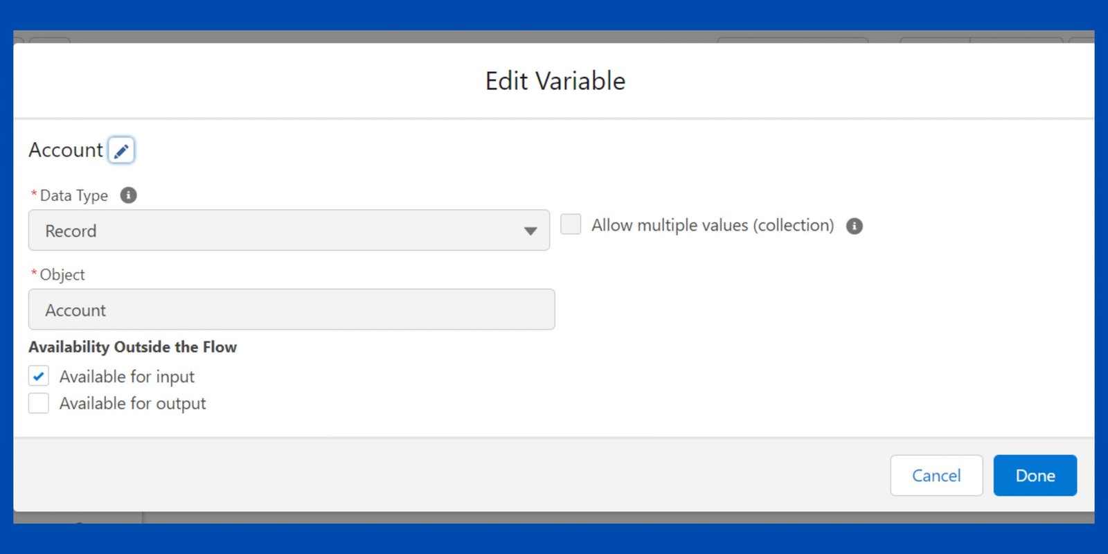 create a variable to store the data in salesforce flow
