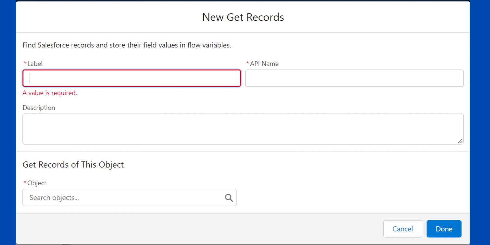 define label in get record element of salesforce flow