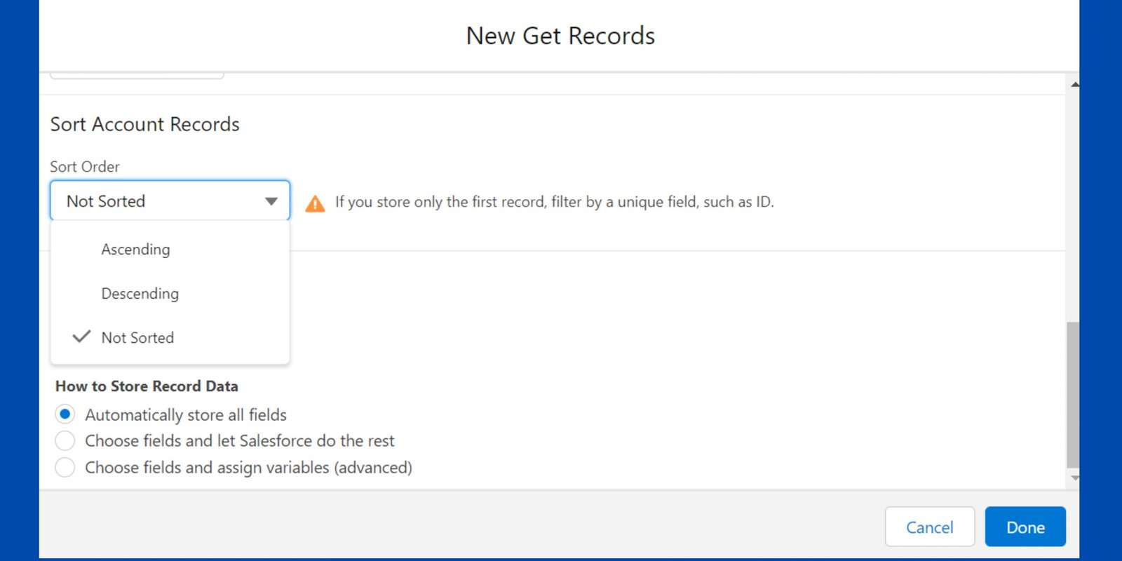 sort data with get record element in salesforce flow