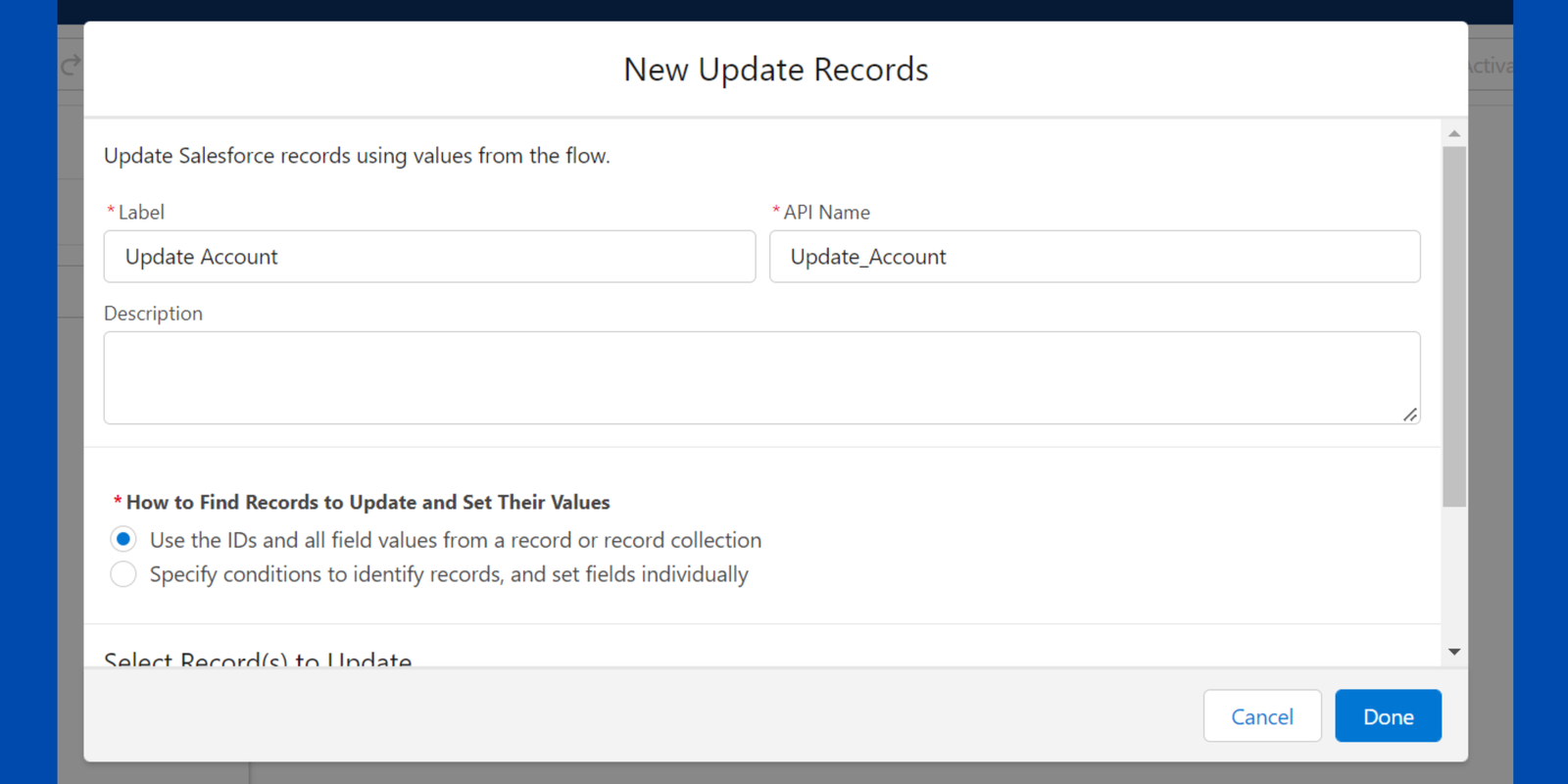 edit label and api name in update record element salesforce flow