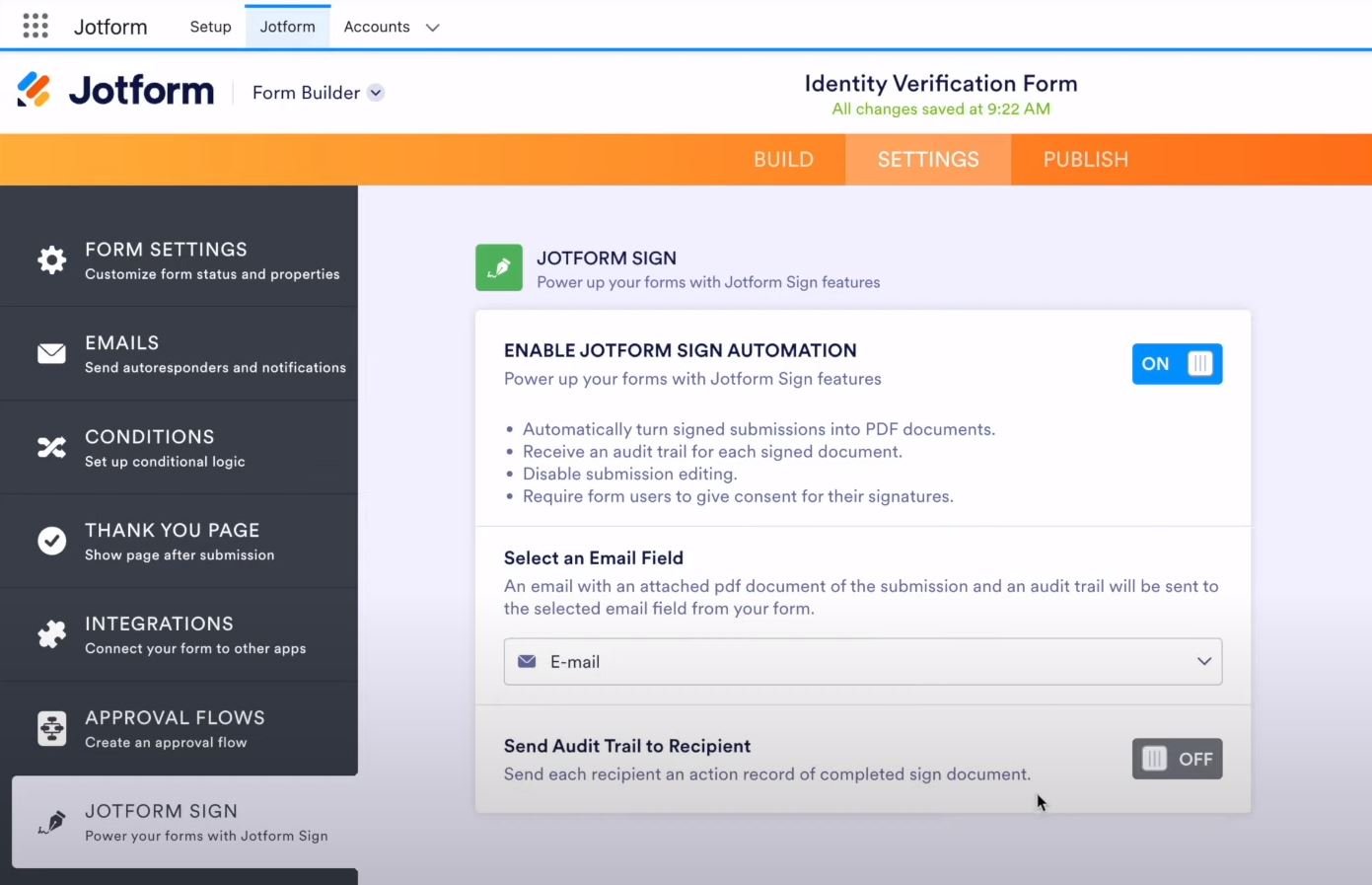 Enable JotForm Sign Automation