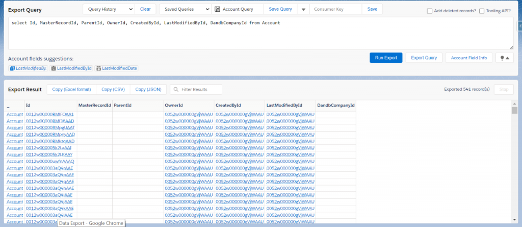 Salesforce Inspector Data Export