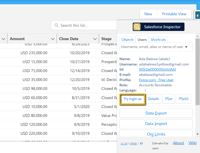 Salesforce Inspector User Login