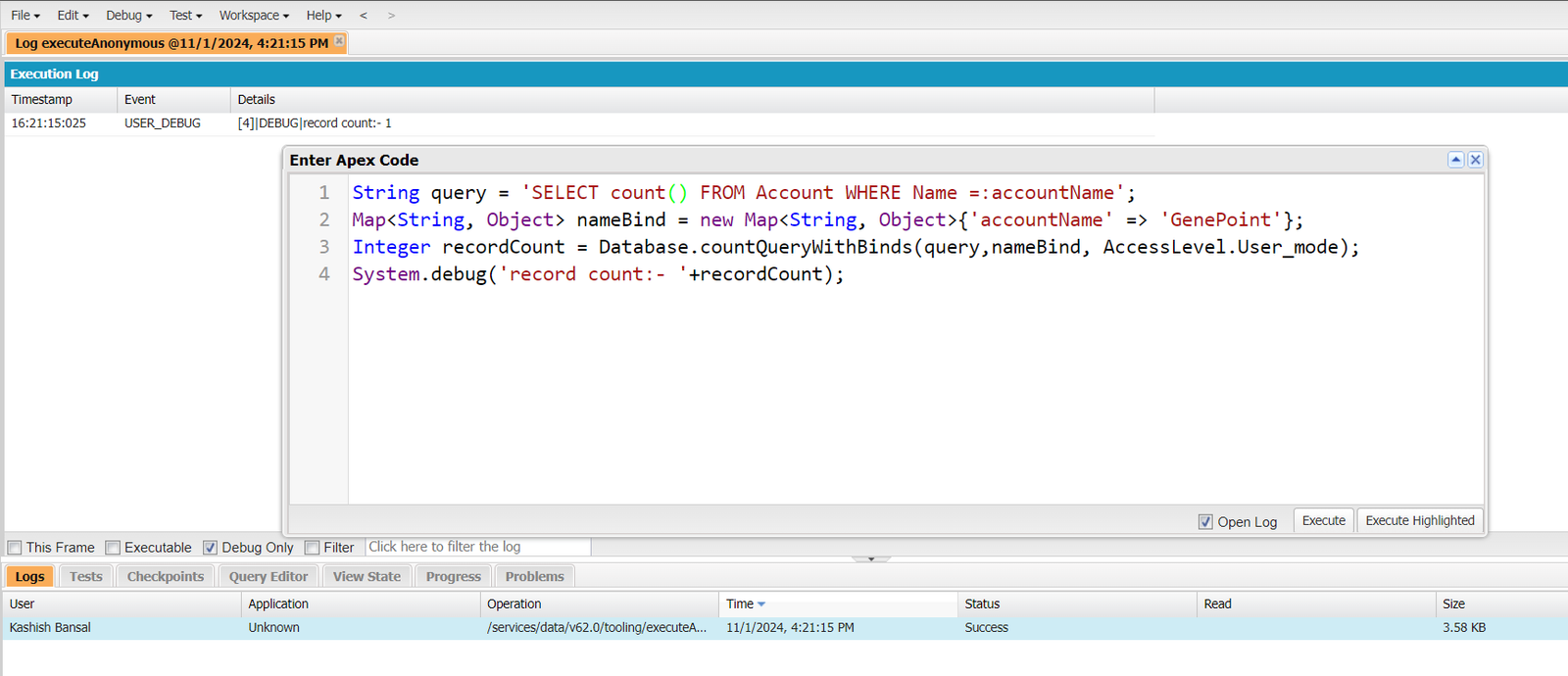 count query with binds