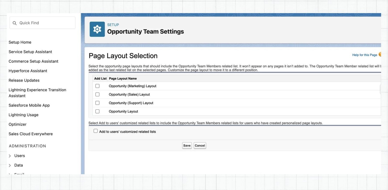 Opportunity Team Setting Page Layout