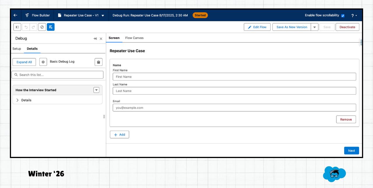 Debug Screen Flow - Flow Features in Salesforce Winter '26 Release