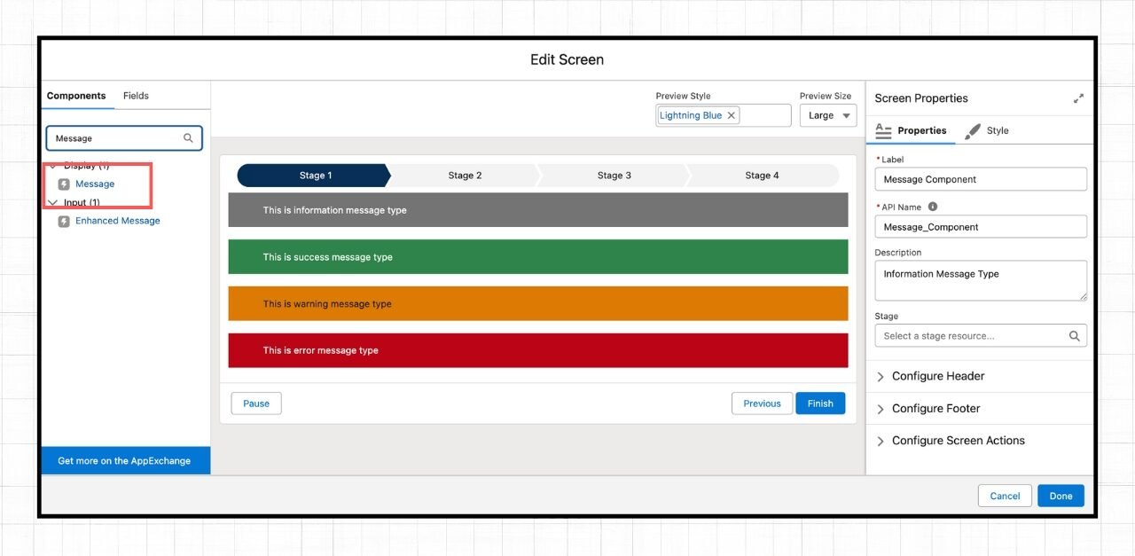 Message Screen Component on Screen element