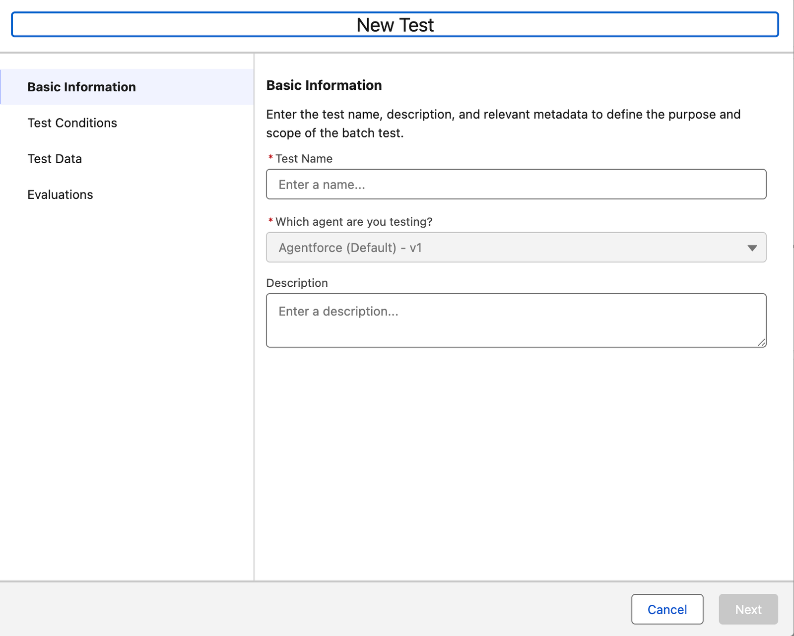 Agentforce Builder batch test setup screen showing test name, agent selection, and test conditions.