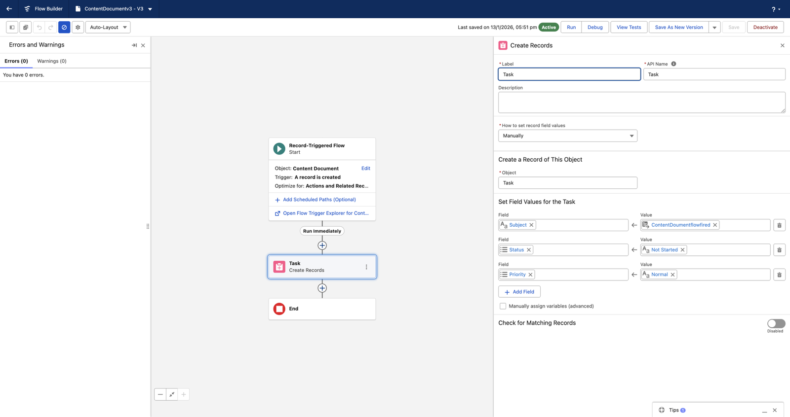 ContentDocument flow creating a Task in Salesforce record-triggered flows