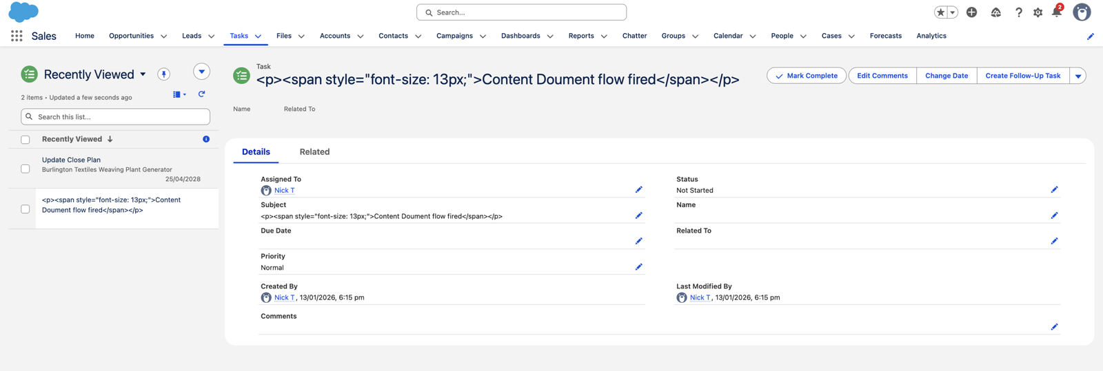 Task created after ContentDocument flow fired in Salesforce
